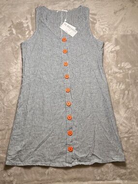 LA Relaxed Mini Dress Size L Sleeveless Cotton Blue Striped Button Front Casual